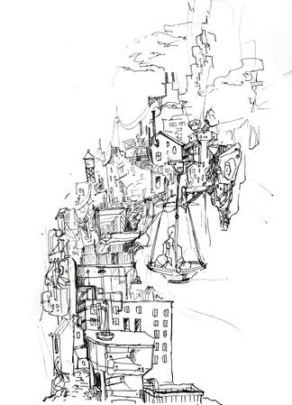 A black-and-white ink drawing of a towering fantasy city structure. The structure is built of many buildings stacked on top of each other in an improbable curving shape, interspersed with wires, headlights, and pipes. There is a large batch of rocks hangin