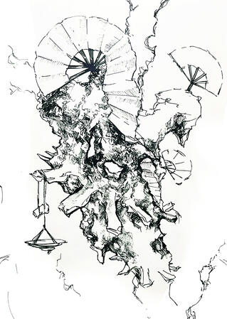 A black-and-white ink drawing of an bumpy abstract rock pillar, which forks into three parts at the top. Several holes are visible going through the pillar. Parts of the rock jut out in a spiral line, forming a staircase. Three folding fans are sticking ou