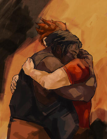 a digital drawing of Cole and Kai from the series Lego Ninjago hugging each other. Cole is a dark-skinned fat Black person with black locs. He is wearing a black muscle top and orange pants. Kai is a light-skinned muscular East Asian person with spiky redd