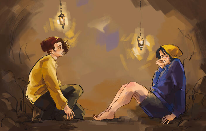 a digital drawing of wilbur and quackity from the qsmp, facing each other in profile. Wilbur is kneeling on one leg with a concerned expression. He is a thin white man with curly brow hair swept over his head in a fringe, wearing a red beanie, yellow sweat