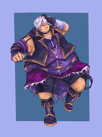 A digital drawing of the Vocaloid character Vflower. She is a light-skinned superfat East Asian person, with dyed silver hair with a dark streak in it which she is pushing back with one hand. She is wearing a dark blue hooded gold-lined vest over two purpl