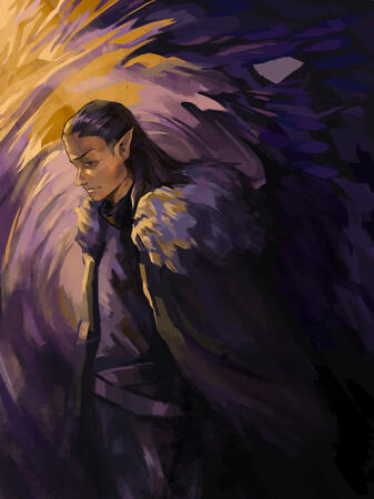 A digital painting of Vax'ildan from Critical Role Campaign 1/The Legend of Vox Machina. He is wearing a feathered cloak, dark tunic, and two belts. He has light brown skin, dark hair, and pointy ears. Shadows extending behind him give the impression of bi