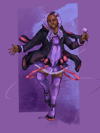 A digital drawing of the Vocaloid character Yuzuki Yukari. She is a thin dark-skinned Black girl, smiling and dancing with a microphone in her left hand and her right hand extended out. She has dyed light purple braids in two ponytails with a pink and blac
