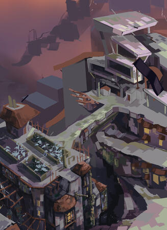 a digital drawing of two fantasy buildings connected by a bridge. One of the buildings has a rooftop garden on top with a little red-roofed shed, and has many little red roofs, wooden lattices, pipes, and windows along its side. The other building consists