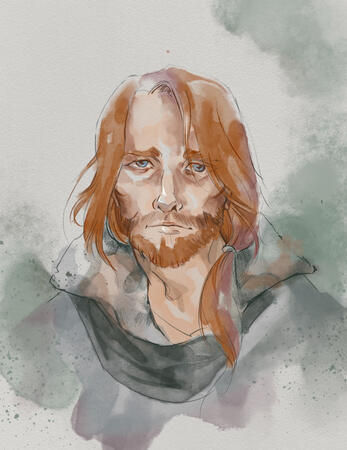 A digital painting of Caleb Widogast from Critical Role Campaign 2, in the style of a watercolor illustration. He is a fair-skinned man with long reddish hair pulled in a low ponytail across his shoulder. He has a well-defined nose and cheekbones, a short