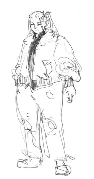 A pencil sketch of a tall small fat man. He has long black hair pulled up in a high ponytail and is wearing a black collared shirt, a puffy jacket with a furry collar, jeans, and plain shoes.